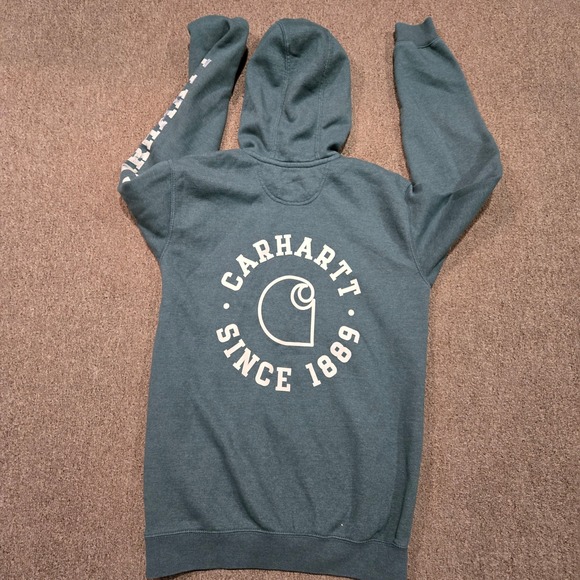 Carhartt Hoodie Mens Size Small Green Rain Defender Graphic Sleeve Back Logo - Picture 7 of 7